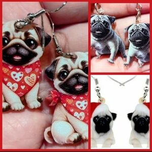 Playful PUG Dog Earrings 3 pair red hearts bandana Santa hat